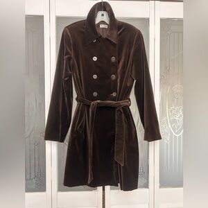 Vintage BCBG PARIS VELVET CHOCOLATE, BROWN DOUBLE BREASTED SELF TIE COAT, MEDIUM